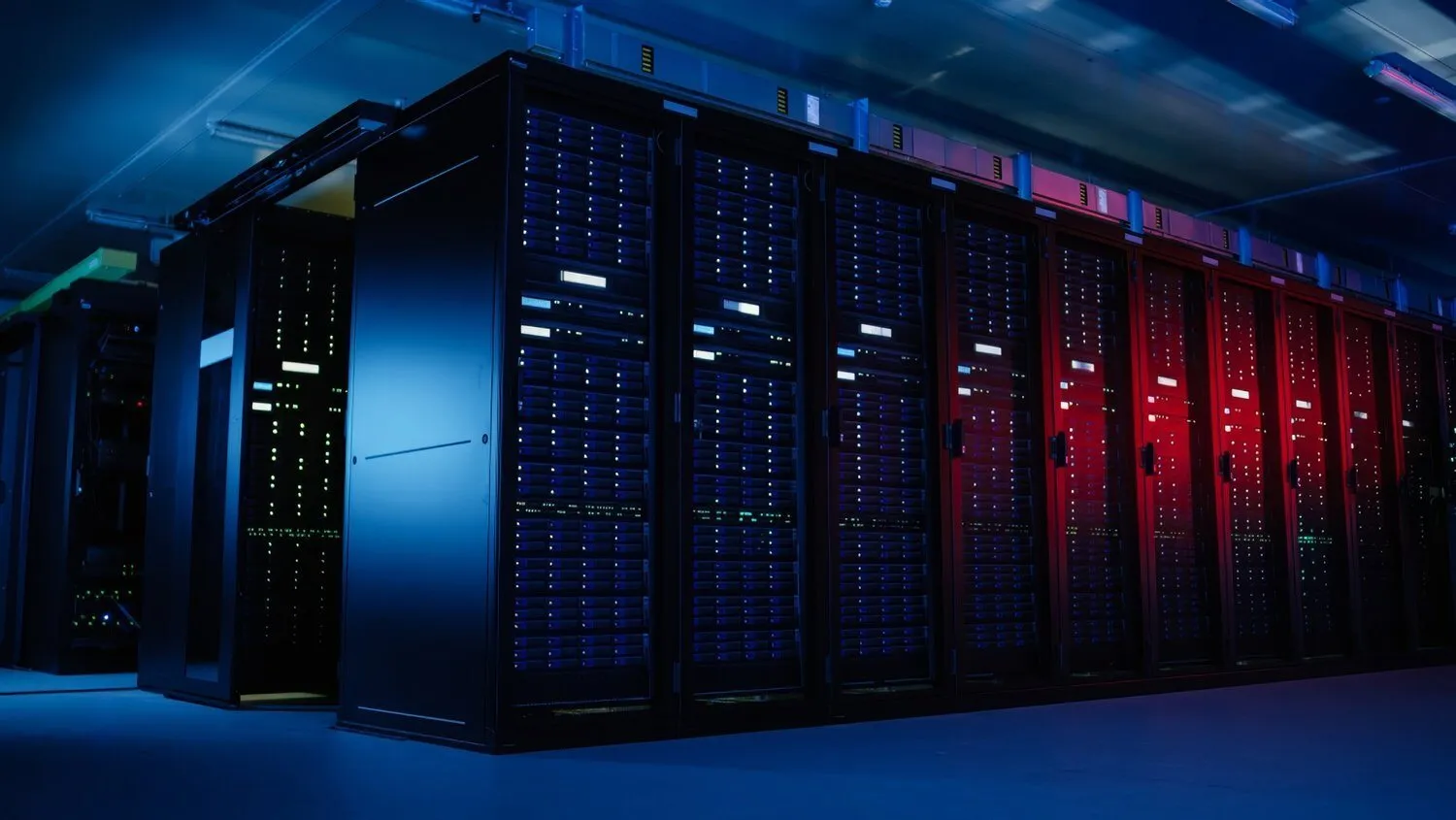 Rows of server racks in a data center