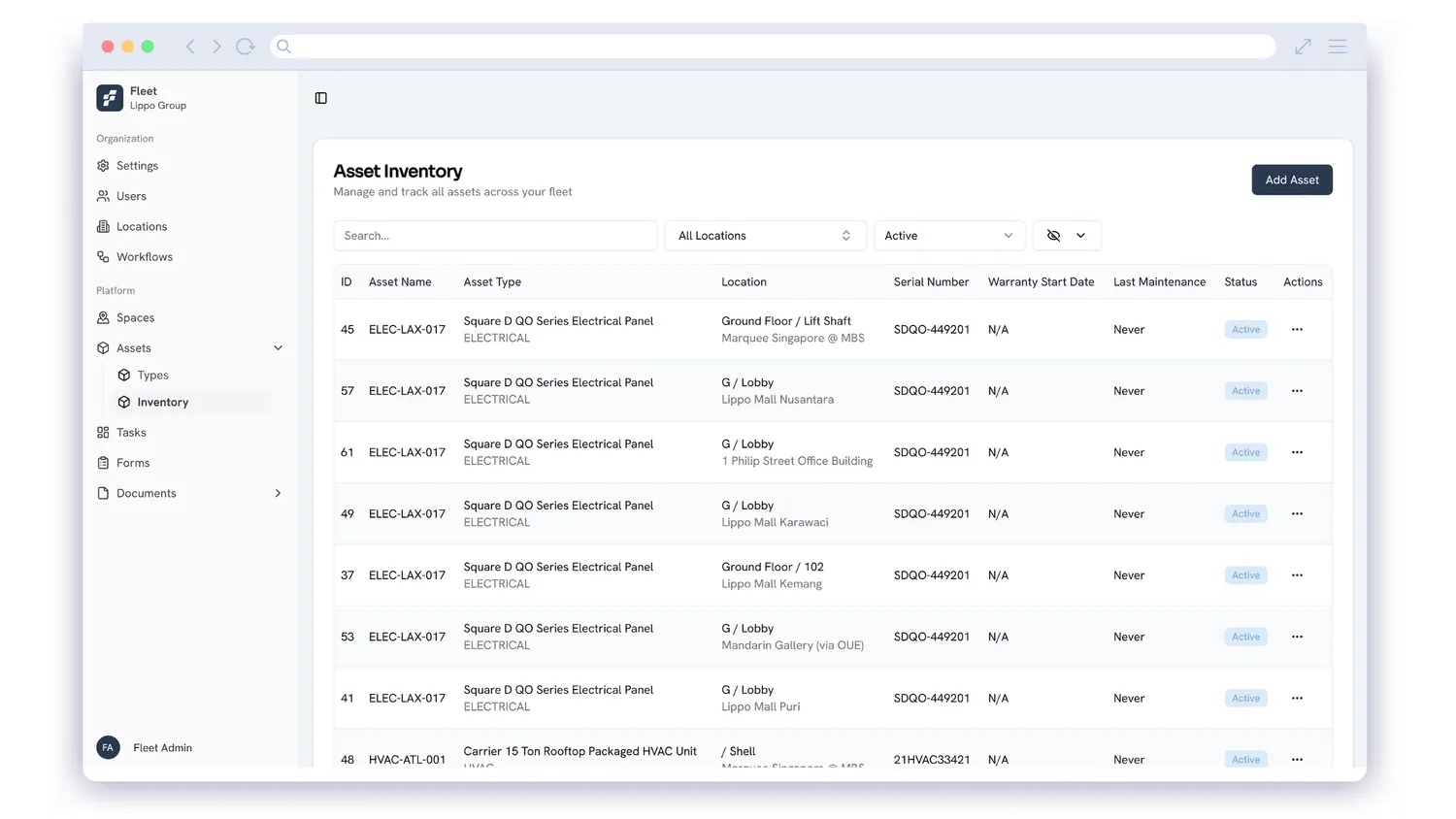 Fleet CMMS software interface showing detailed asset inventory management with lifecycle history and performance tracking.