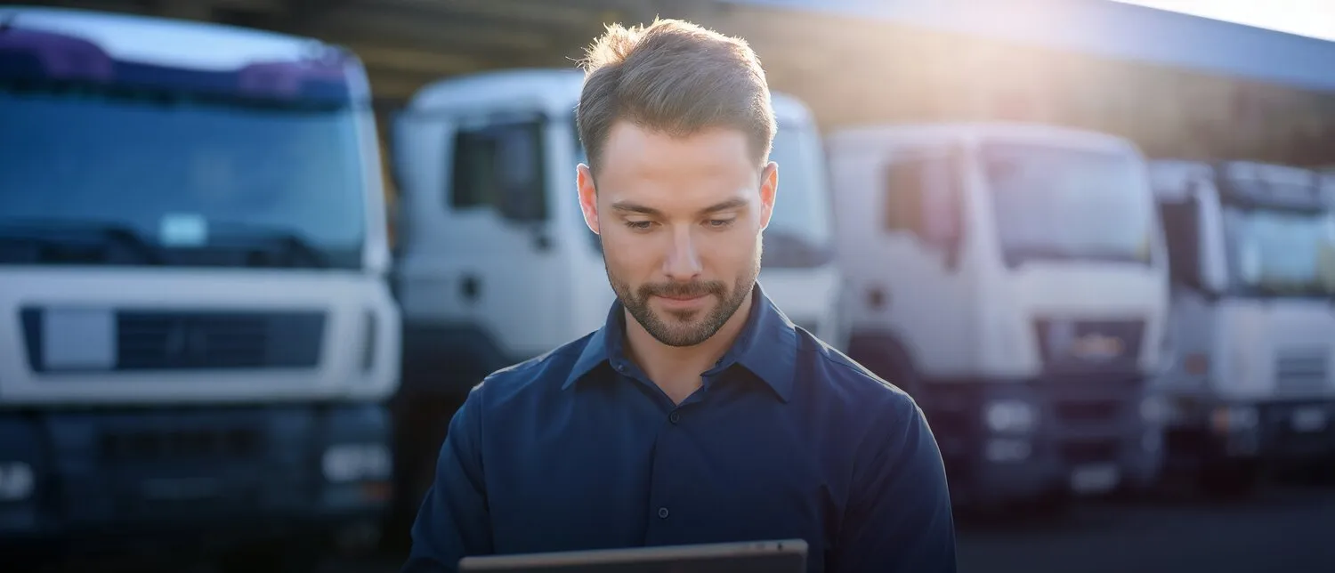 Fleet manager with a tablet in front of trucks