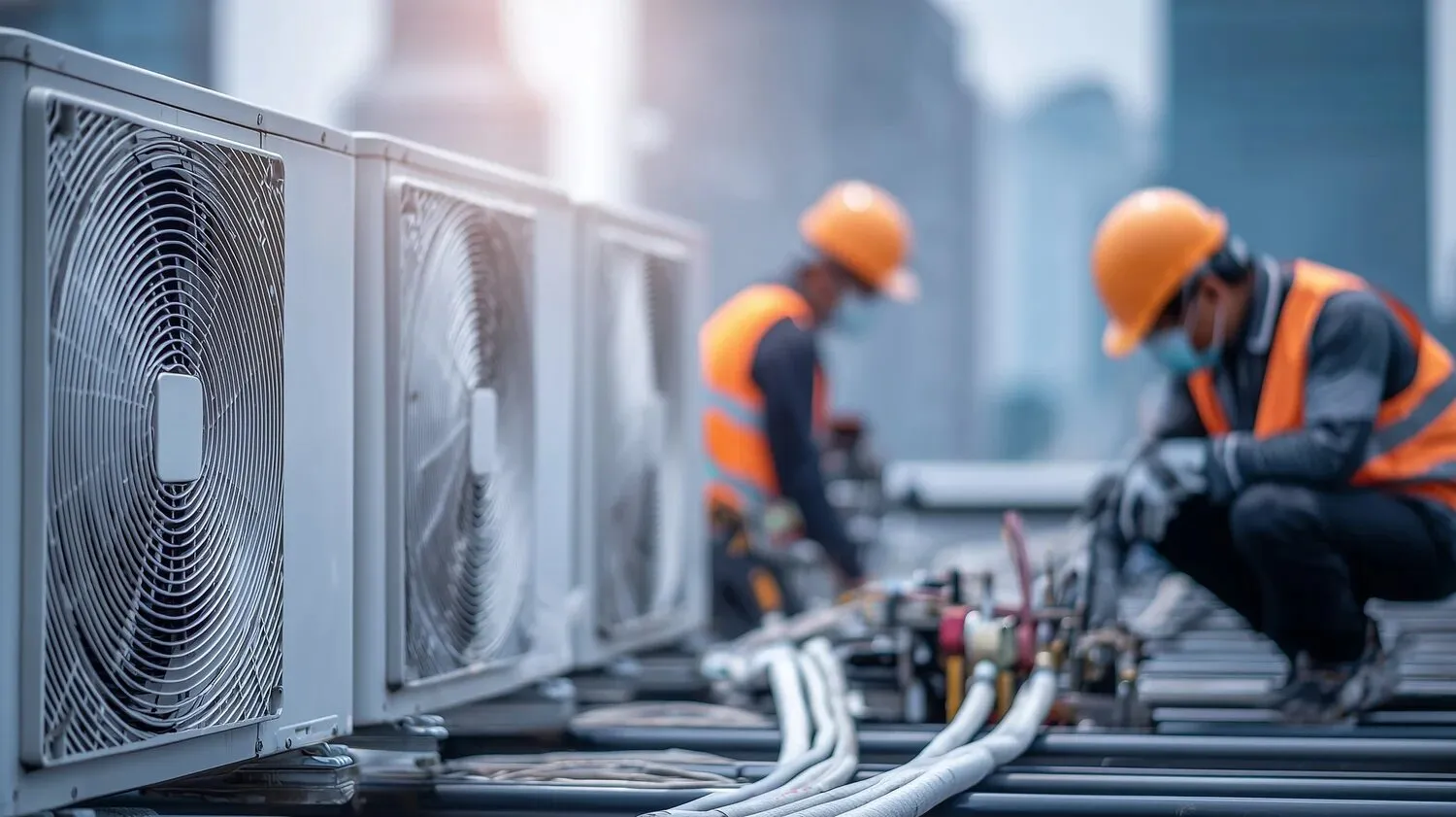 HVAC technicians servicing rooftop units