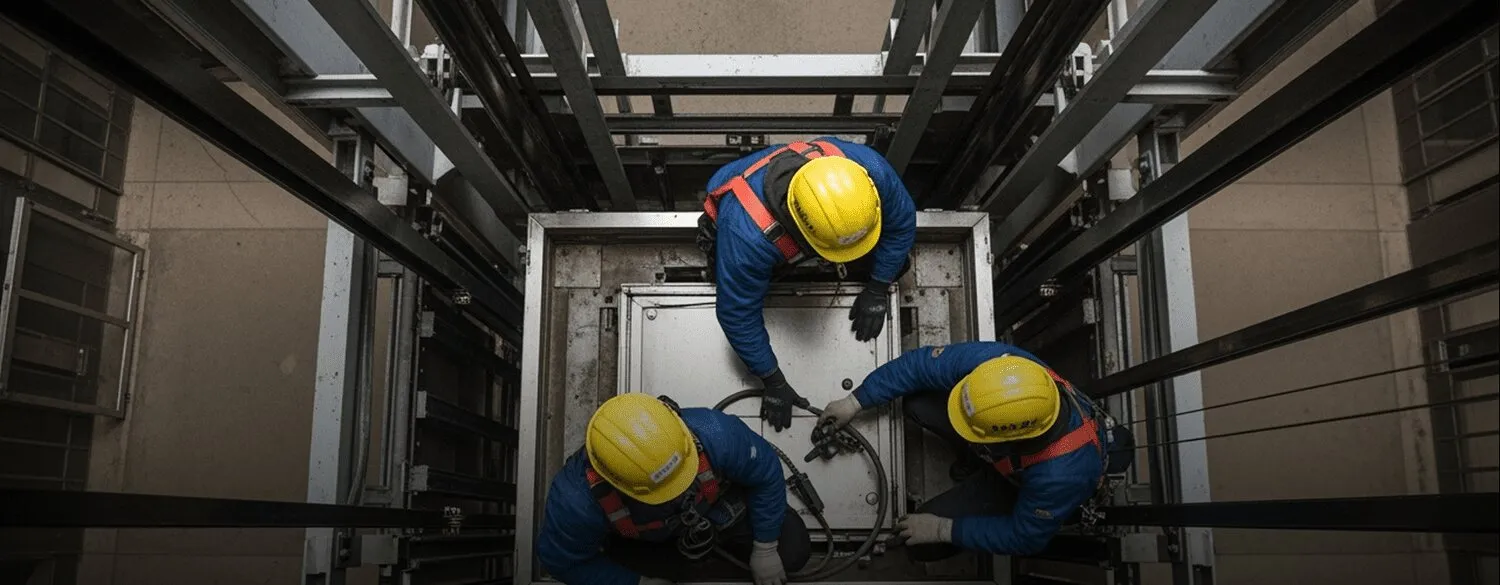 Technicians working inside a lift shaft